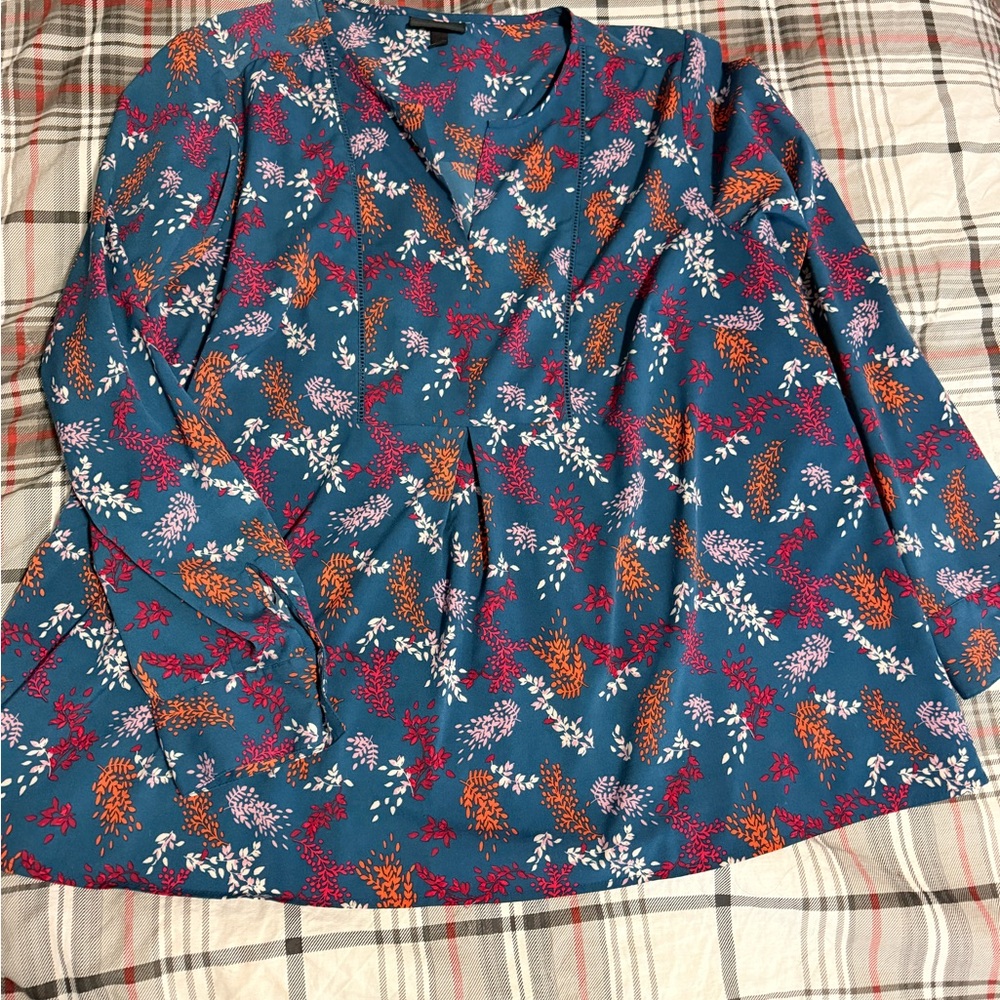 Lane Bryant Floral V-Neck Blouse - Blue and Red